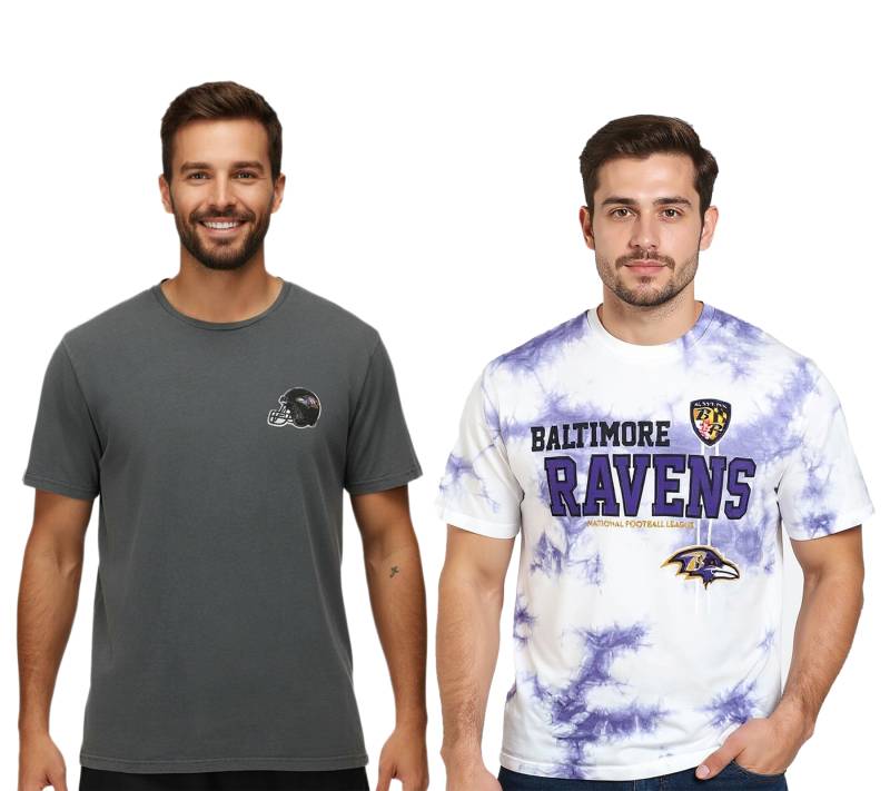 RE:COVERED X NFL Baltimore Ravens Herren T-Shirt mit Football-Helm Baumwoll-Shirt Rundhals-Shirt RCNFL13 Grau Uni-Farben oder Lila/Weiß Batik-Muster von RE:COVERED