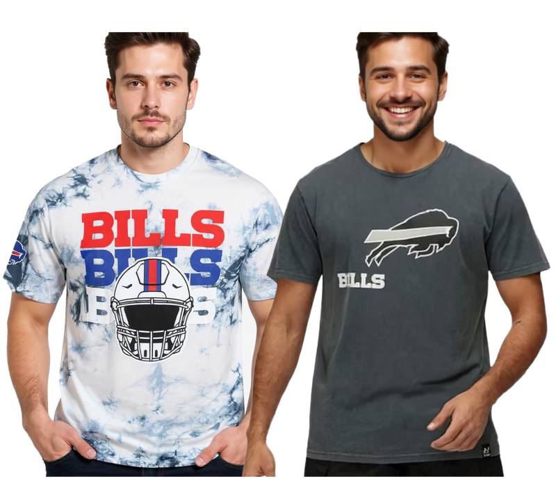 RE:COVERED X NFL Herren T-Shirt Buffalo Bills Logo-Schriftzug Print Baumwoll-Shirt Rundhals-Shirt in Grau oder Batik Blau/Weiß von RE:COVERED