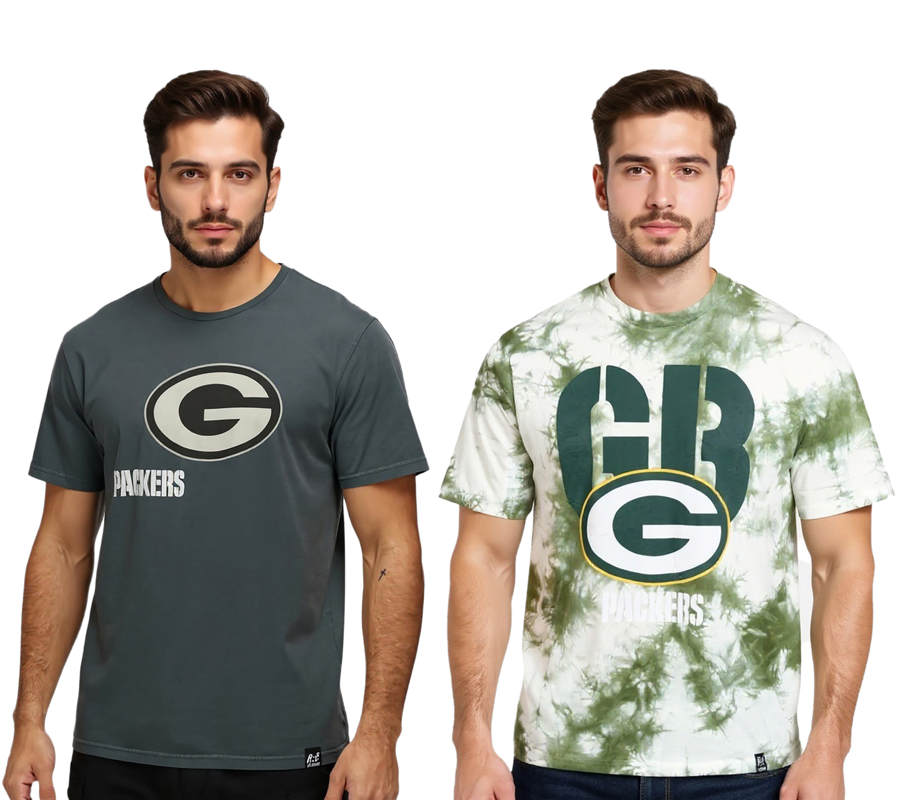 RE:COVERED X NFL Herren T-Shirt Green Bay Packers Logo-Print Baumwoll-Shirt Rundhals-Shirt in Grau oder Batik Grün/weiß von RE:COVERED