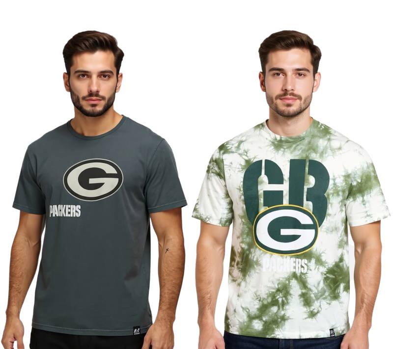 RE:COVERED X NFL Herren T-Shirt Green Bay Packers Logo-Print Baumwoll-Shirt Rundhals-Shirt in Grau oder Batik Grün/weiß von RE:COVERED