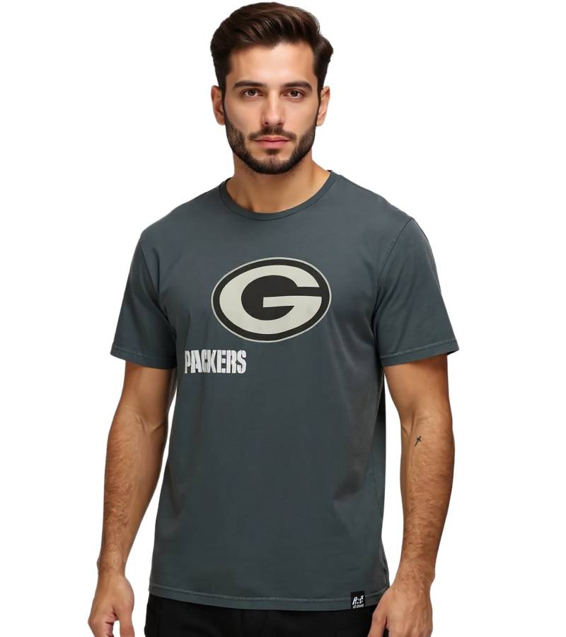 RE:COVERED X NFL Herren T-Shirt Green Bay Packers Logo-Schriftzug Baumwoll-Shirt Rundhals-Shirt RCNFL1317E Grau von RE:COVERED