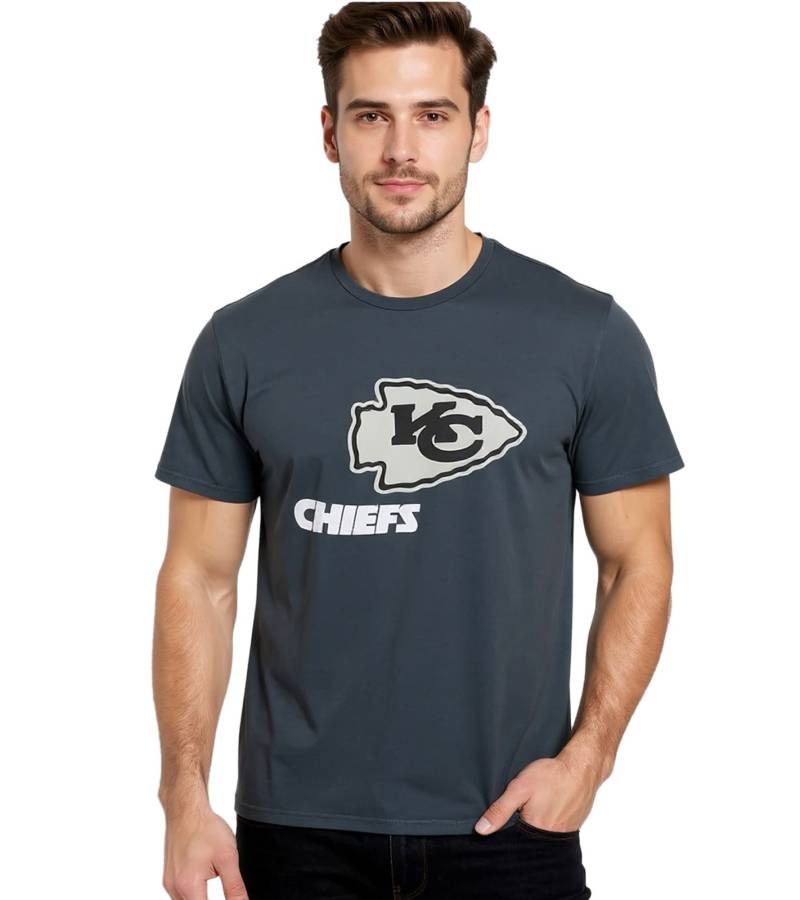 RE:COVERED X NFL Herren T-Shirt Kansas City Chiefs Logo-Schriftzug Baumwoll-Shirt Rundhals-Shirt RCNFL1317D Grau von RE:COVERED