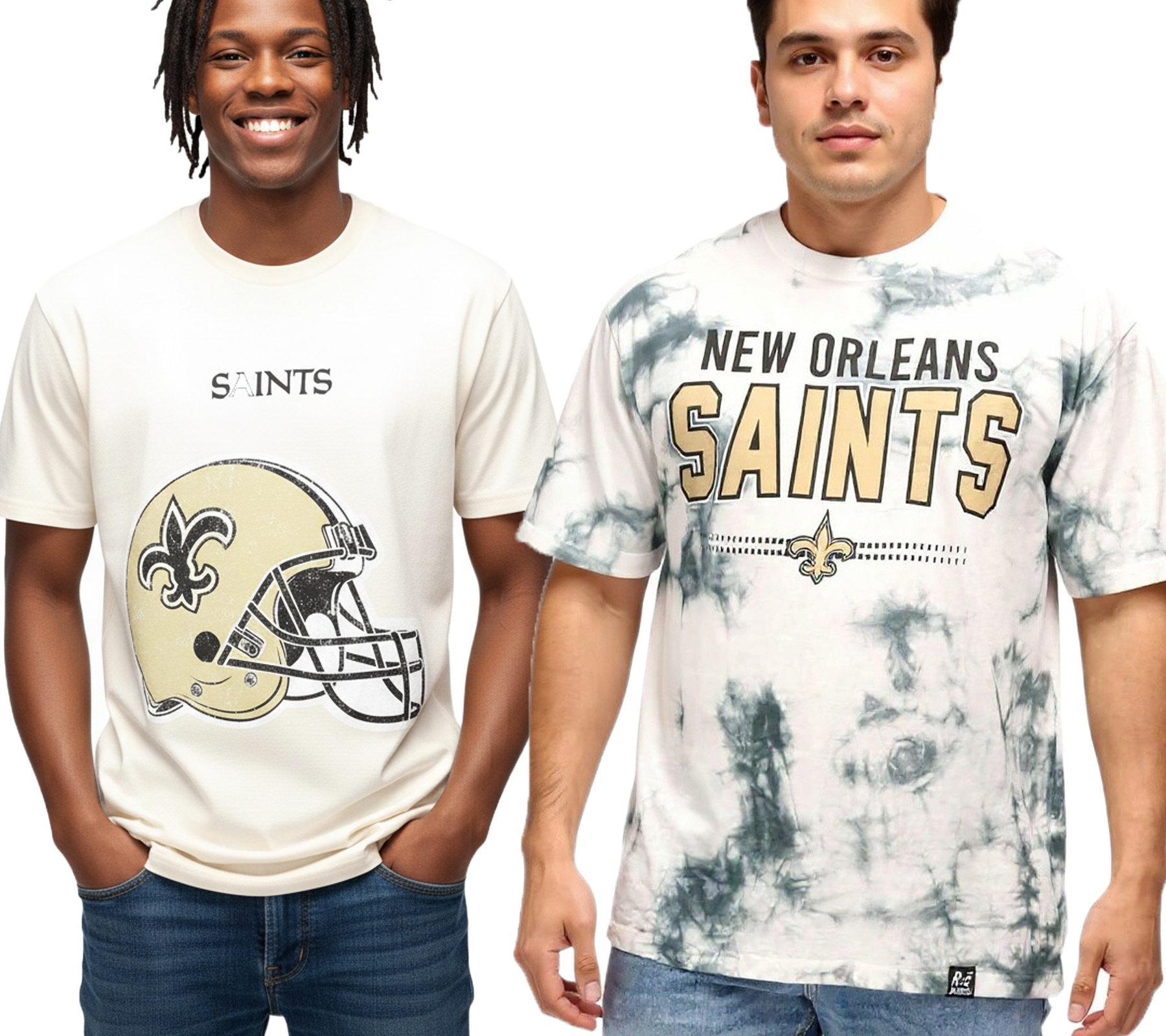 RE:COVERED X NFL Herren T-Shirt New Orleans Saints Logo-Schriftzug Baumwoll-Shirt Rundhals-Shirt Grau oder Beige von RE:COVERED