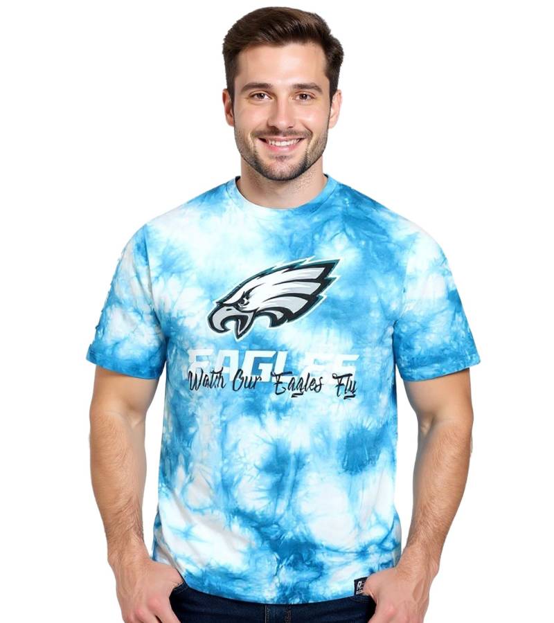 RE:COVERED X NFL Herren T-Shirt mit Philadelphia Eagles Print Baumwoll-Shirt Rundhals-Shirt RCNFL1393 Blau/Weiß von RE:COVERED