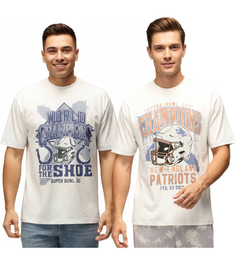 RE:COVERED X NFL Herren T-Shirt mit World Champions-Print Baumwoll-Shirt New England Patriots oder Indianapolis Colts Ecru-Weiß von RE:COVERED