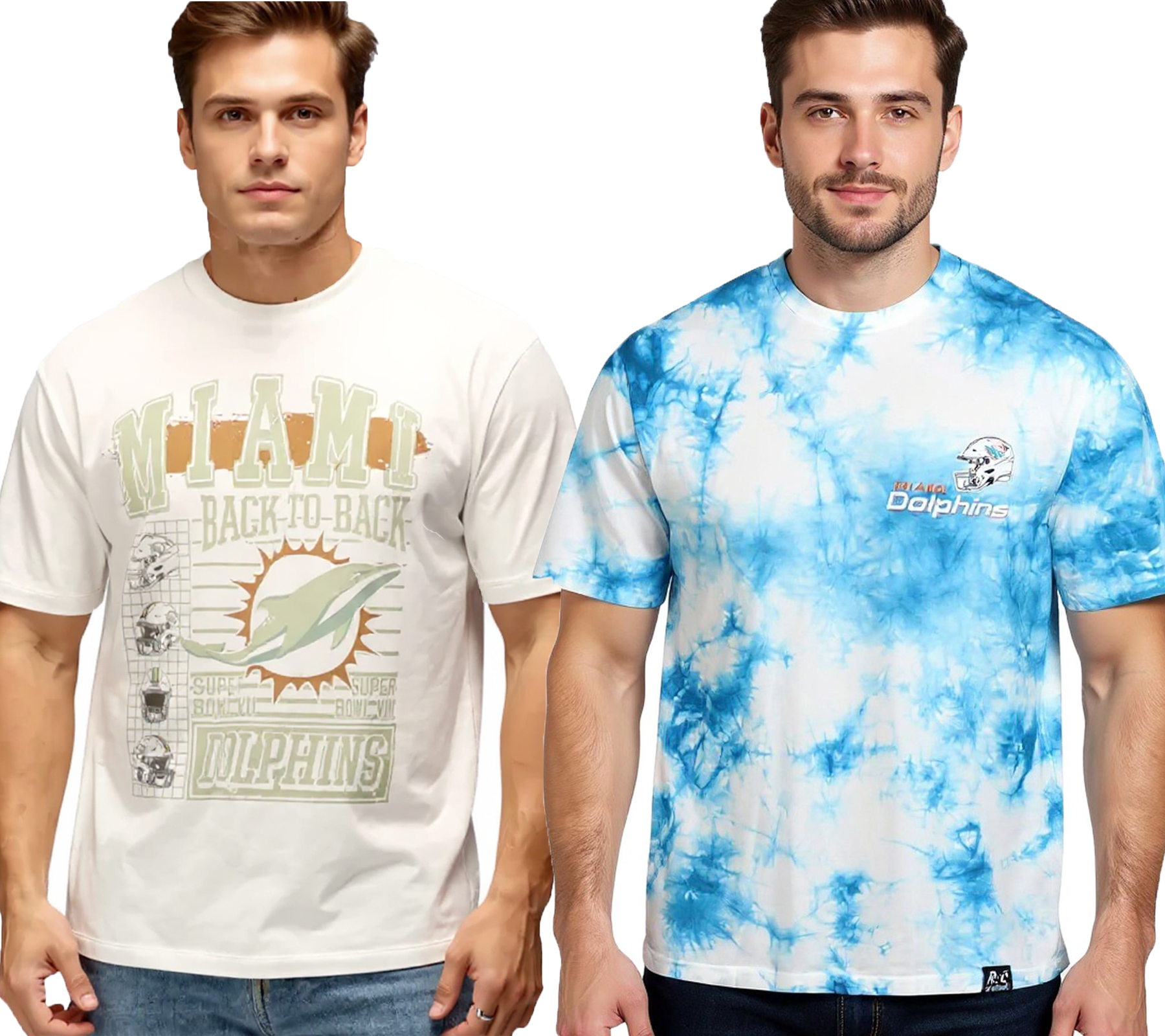 RE:COVERED X NFL Miami Dolphins Herren T-Shirt mit Front-Print Baumwoll-Shirt RCNFL Ecru-Weiß oder Batik Blau von RE:COVERED
