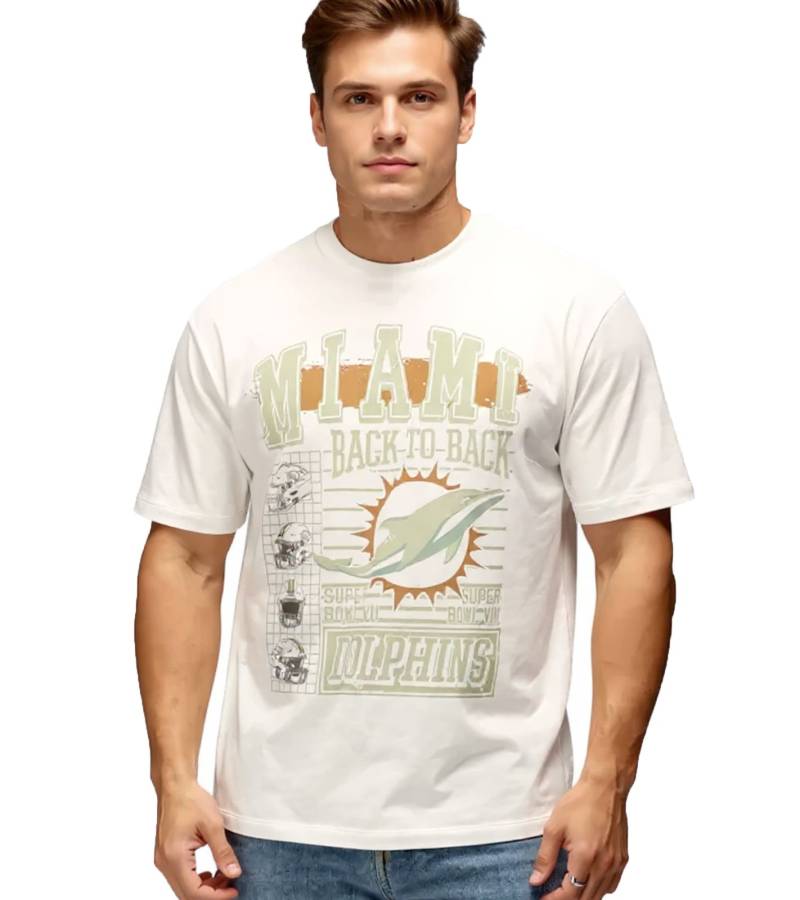 RE:COVERED X NFL Miami Dolphins Herren T-Shirt mit großem Front-Print Baumwoll-Shirt RCNFL1558 Ecru-Weiß von RE:COVERED