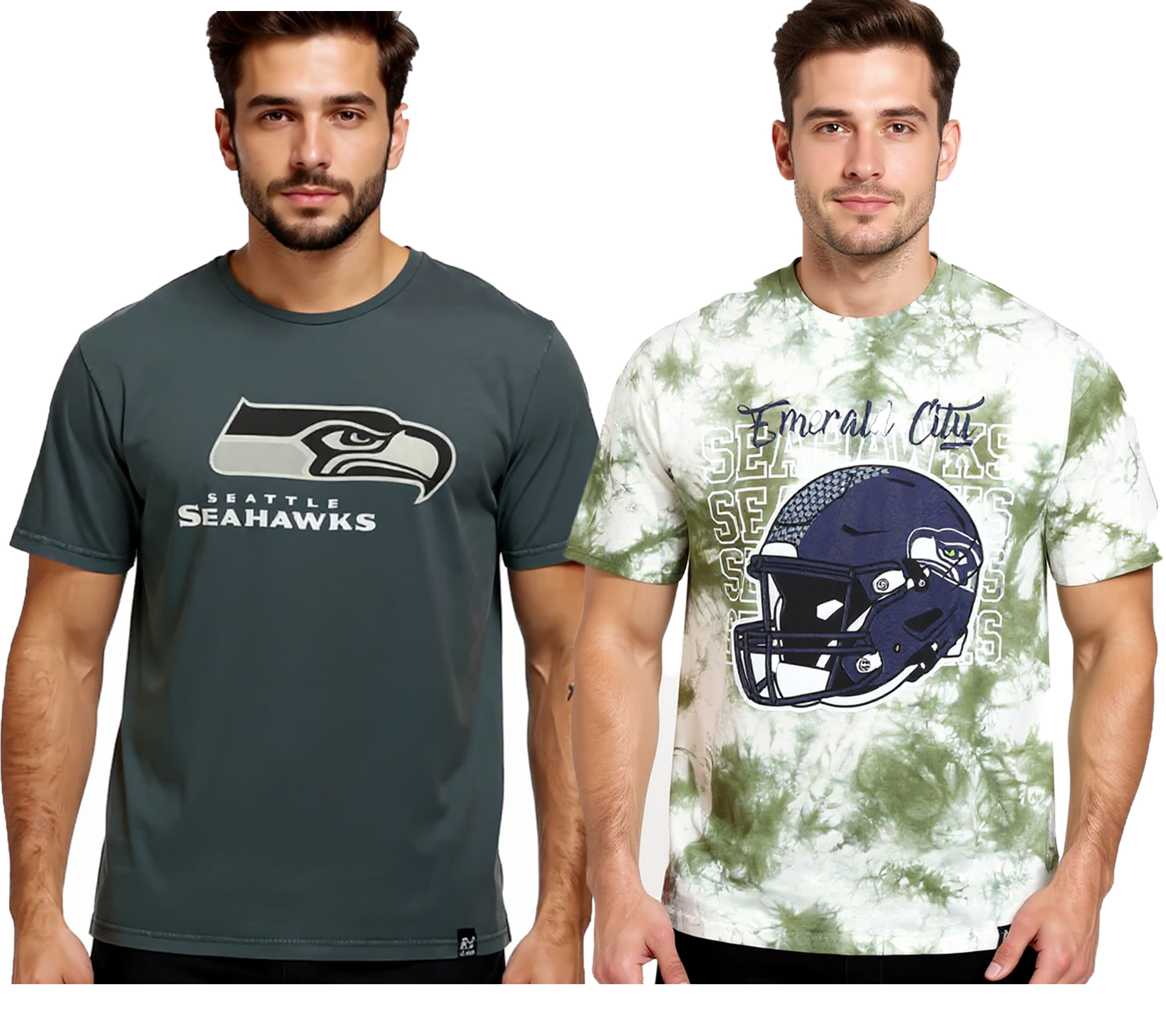 RE:COVERED X NFL Seattle Seahawks Herren T-Shirt mit Logo-Print Baumwoll-Shirt Rundhals-Shirt Grau oder Grün-Batik von RE:COVERED