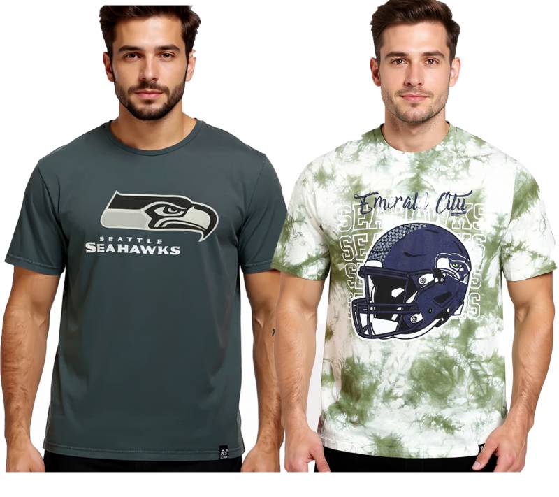 RE:COVERED X NFL Seattle Seahawks Herren T-Shirt mit Logo-Print Baumwoll-Shirt Rundhals-Shirt Grau oder Grün-Batik von RE:COVERED