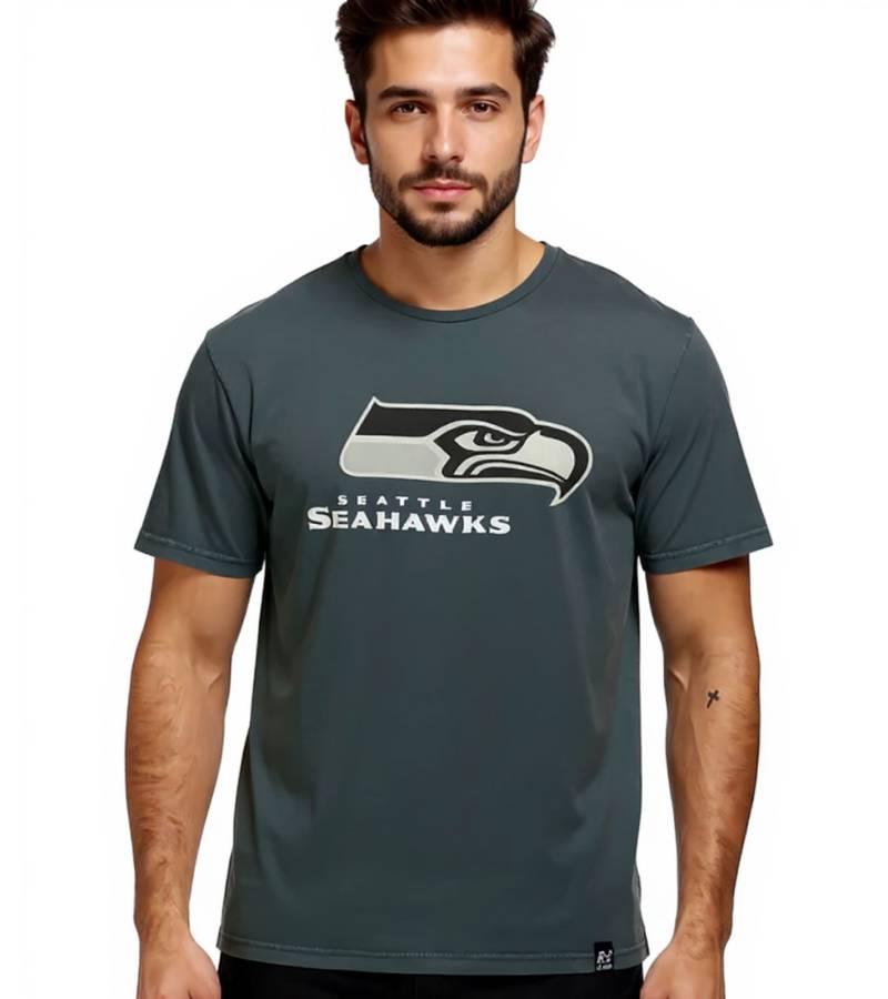 RE:COVERED X NFL Seattle Seahawks Herren T-Shirt mit Logo-Print Baumwoll-Shirt Rundhals-Shirt RCNFL1317J Grau von RE:COVERED