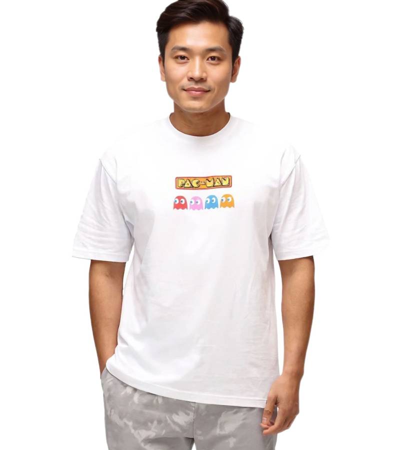 RE:COVERED X PAC MAN Herren T-Shirt Fruit Eyes Baumwoll-Shirt mit großem Rückenprint Rundhals-Shirt RCPCM289 Weiß von RE:COVERED