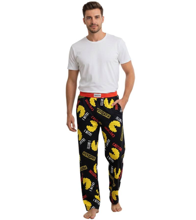 RE:COVERED X Pac-Man Caution I Bite Loungepants Herren Schlafanzug-Hose mit Pac-Man Allover-Print Pyjama-Hose RCPCM401 Schwarz/Gelb von RE:COVERED