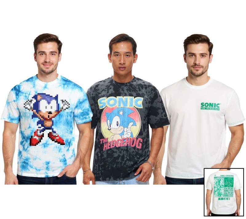 RE:COVERED X SEGA Herren T-Shirt mit Sonic-Print Baumwoll-Shirt Rundhals-Shirt RCSEGA55 in Blau/Weiß, Grau oder Ecru-Weiß von RE:COVERED