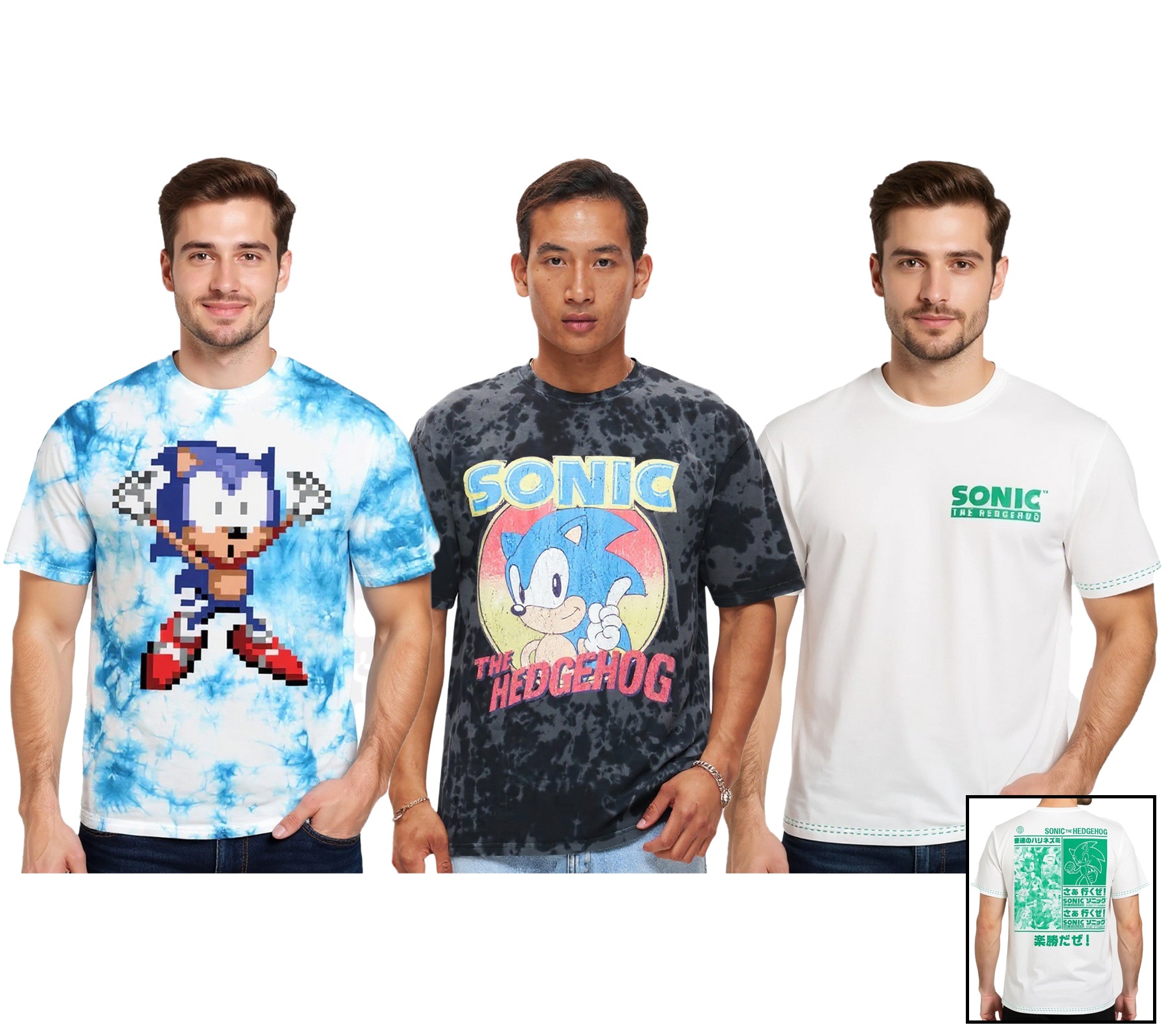 RE:COVERED X SEGA Herren T-Shirt mit Sonic-Print Baumwoll-Shirt Rundhals-Shirt RCSEGA55 in Blau/Weiß, Grau oder Ecru-Weiß von RE:COVERED