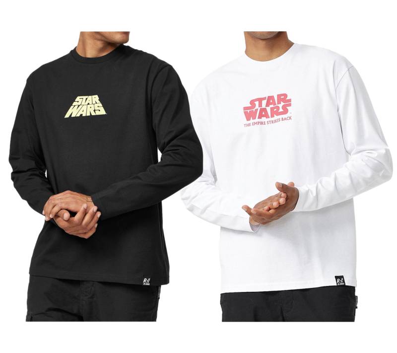 RE:COVERED X STAR WARS Herren Langarm-Shirt Das Imperium schlägt zurück oder mit Poster-Print Baumwoll-Shirt Longsleeve Weiß oder Schwarz von RE:COVERED