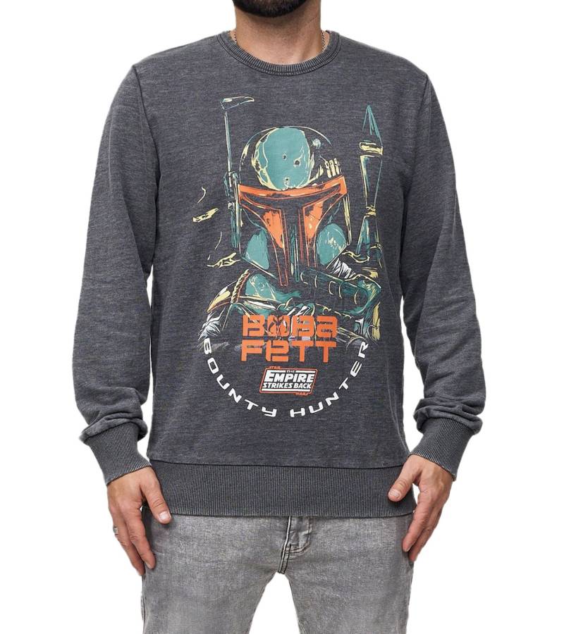 RE:COVERED X STAR WARS Herren Rundhals-Pullover mit Boba Fett Print Alltags-Sweater mit Baumwollanteil MMSTW2381 Grau von RE:COVERED