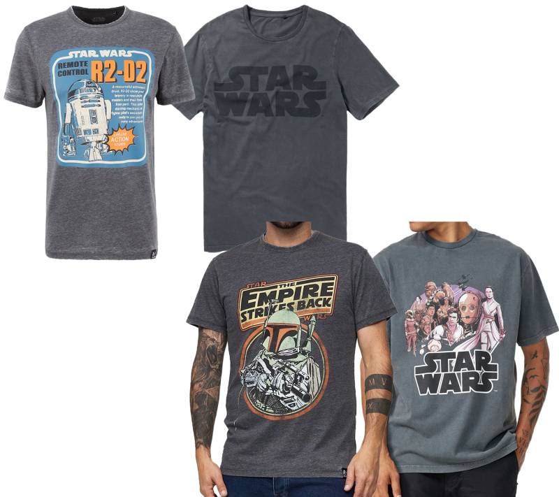 RE:COVERED X STAR WARS Herren T-Shirt Print mit Skywalker-Saga/R2D2 oder Das Imperium schlägt zurück-Print Baumwoll-Shirt Kurzarm-Shirt Dunkel-Grau von RE:COVERED