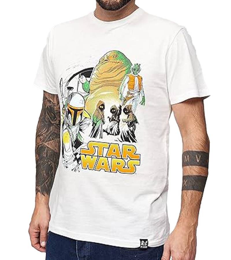 RE:COVERED X STAR WARS Herren T-Shirt mit Jaba Group Print Baumwoll-Shirt Kurzarm-Shirt MMSTW2321 Ecru-Weiß von RE:COVERED