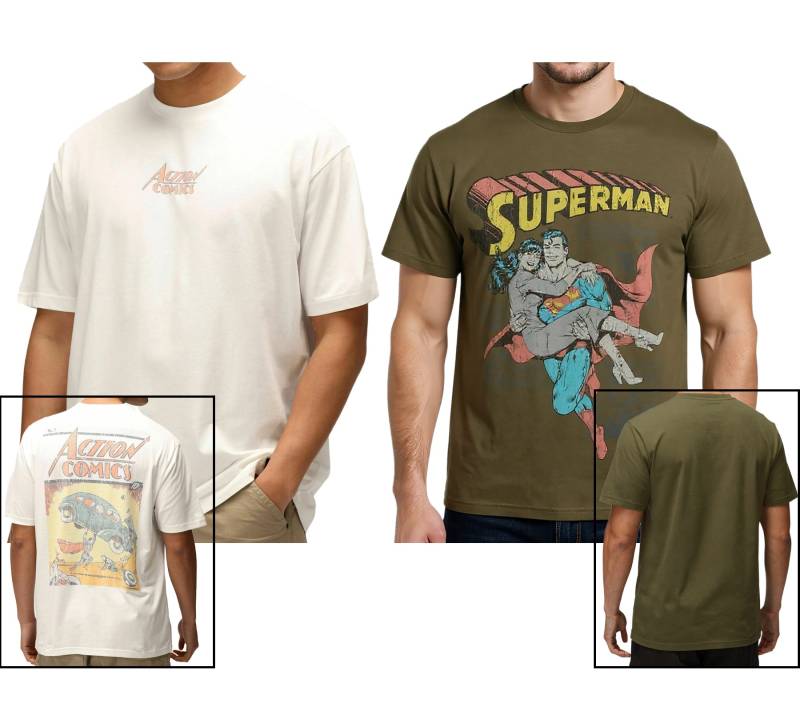 RE:COVERED X SUPERMAN DC Herren T-Shirt mit Comic-Print Baumwoll-Shirt Rundhals-Shirt RCWARN55 in Ecru-Weiß oder Khaki von RE:COVERED