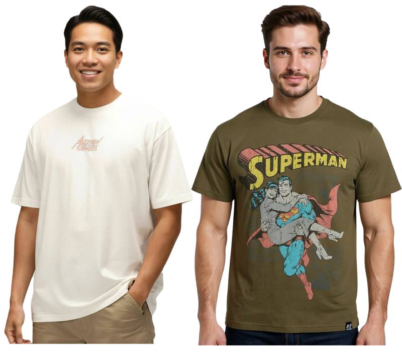 RE:COVERED X SUPERMAN DC Herren T-Shirt mit Comic-Print Baumwoll-Shirt Rundhals-Shirt RCWARN55 in Ecru-Weiß oder Khaki von RE:COVERED
