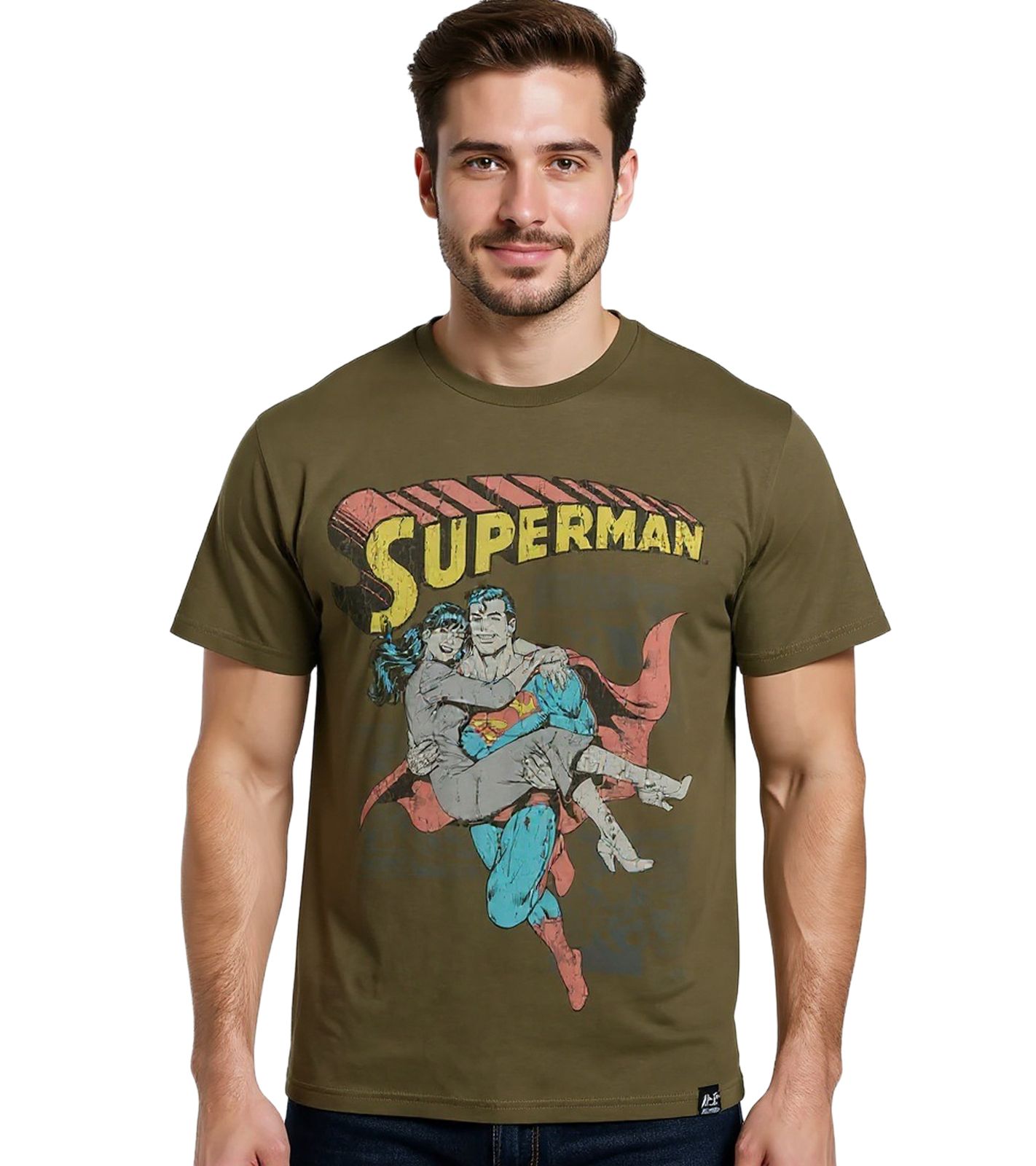 RE:COVERED X SUPERMAN DC Herren T-Shirt mit Comic-Print Baumwoll-Shirt Rundhals-Shirt RCWARN555 Khaki von RE:COVERED