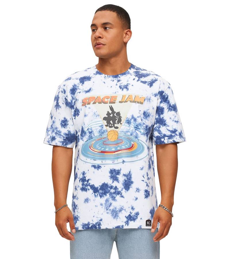 RE:COVERED X Space Jam Herren T-Shirt mit Front-Print im Batik Look Baumwoll-Shirt Rundhals-Shirt RCWARN751 Blau von RE:COVERED