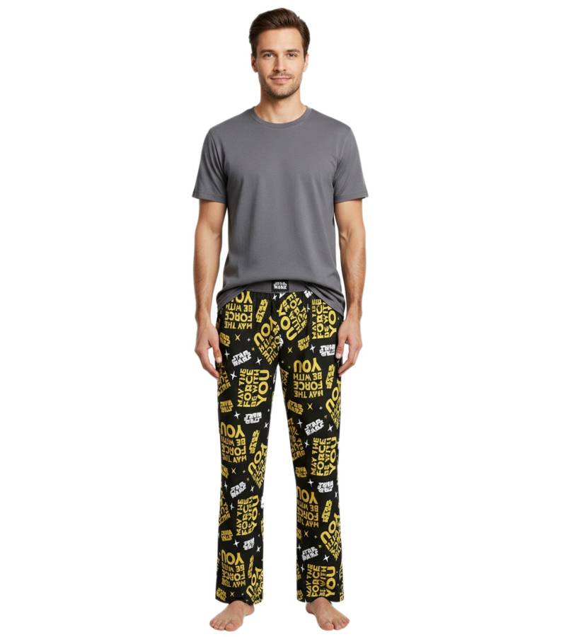 RE:COVERED X Star Wars Pyjama-Hose Herren Schlafanzug-Hose mit "The Force Be With You" Print Loungepants PCSTW1828 Schwarz/Gelb von RE:COVERED