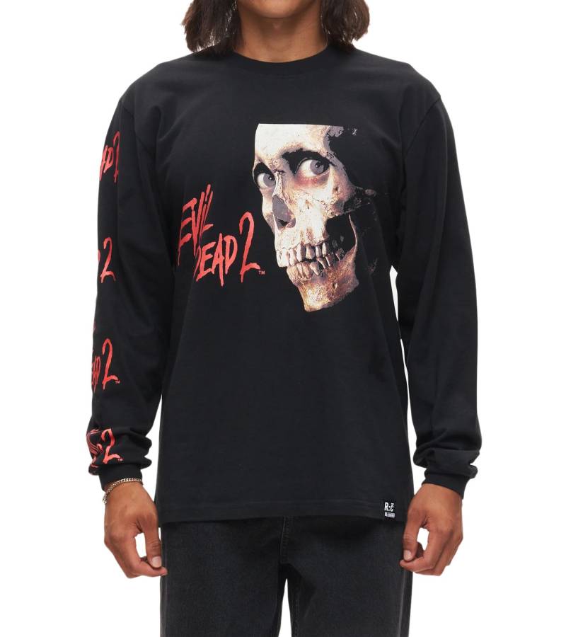 RE:COVERED X Studio Canal Evil Dead 2 Herren Langarm-Shirt mit Horror-Gesichtsprint Baumwoll-Longsleeve Pullover RCSTC115 Schwarz von RE:COVERED