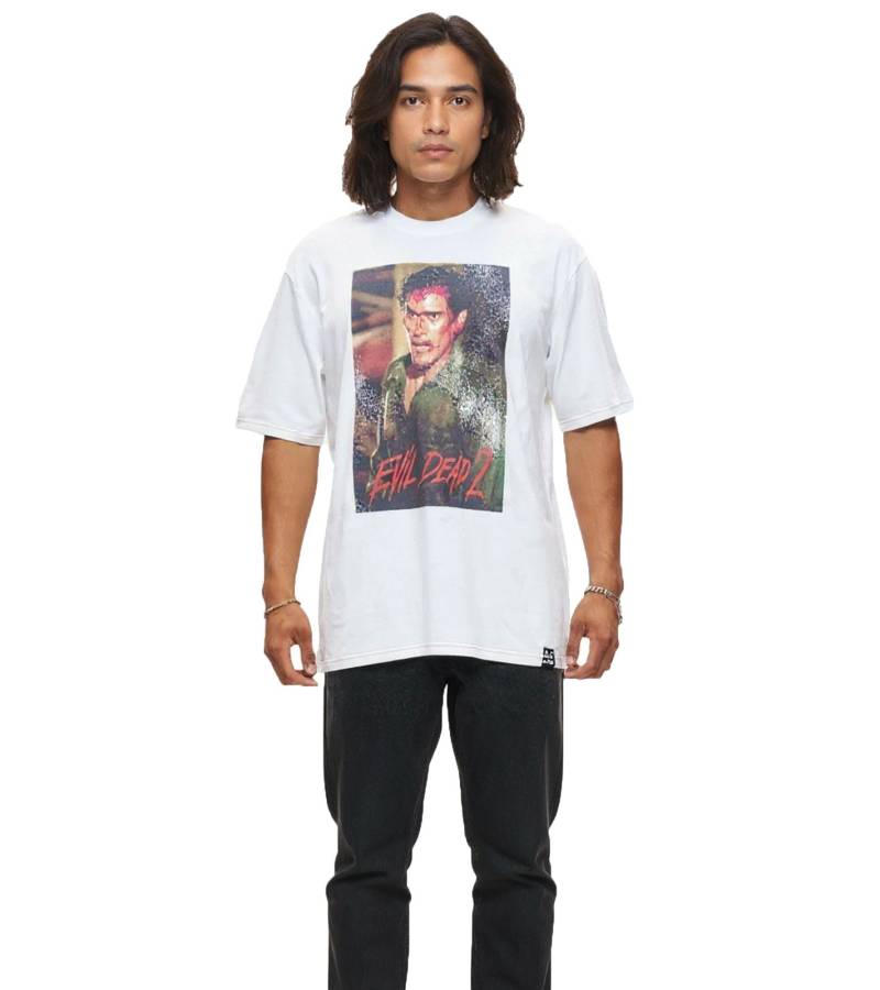 RE:COVERED X Studio Canal Herren T-Shirt EVIL DEAD 2 Baumwoll-Shirt mit großem Print Rundhals-Shirt RCSTC127 Weiß von RE:COVERED
