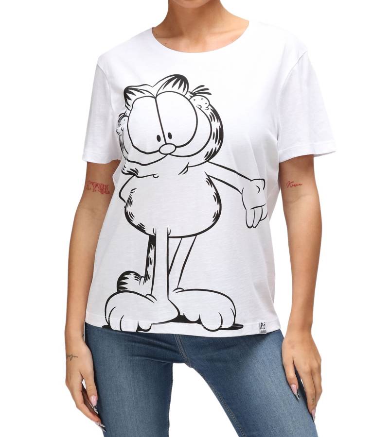 RE:COVERED X nickelodeon Damen T-Shirt mit Garfield-Print Baumwoll-Shirt Rundhals-Shirt RCVCM5958 Weiß von RE:COVERED