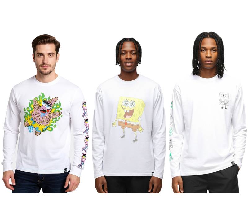RE:COVERED X nickelodeon Herren Langarm-Shirt mit verschiedenen Prints SpongeBob Schwammkopf Baumwoll-Pullover Rundhals-Shirt in Weiß von RE:COVERED