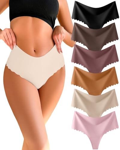 READY TO LOVE Seamless String Tanga Damen High Waist Nahtlose UnterwäSche Frauen Bauchweg String Tanga Hohe Taille Unsichtbare Unterhosen Damen Gewellte Kante Slips Damen Mehrpack No Show Thong 6 Pack von READY TO LOVE