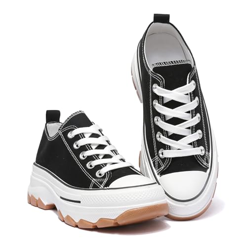 Kinder Chunky Canvas Sneakers Plateau Turnschuhe Schwarz Schnürschuhe mit Gummi-Zehenkappe rutschfeste Sohle Jungen Mädchen Freizeitschuhe, Schwarz , 32 EU von READYSALTED