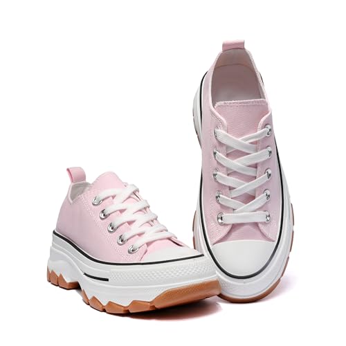 Kinder Chunky Canvas Sneakers Plateau Turnschuhe Schwarz Schnürschuhe mit Gummi-Zehenkappe rutschfeste Sohle Jungen Mädchen Freizeitschuhe, rose, 28 EU von READYSALTED