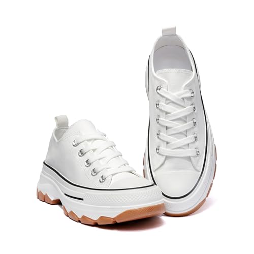 Kinder Chunky Canvas Sneakers Plateau Turnschuhe Schwarz Schnürschuhe mit Gummi-Zehenkappe rutschfeste Sohle Jungen Mädchen Freizeitschuhe, weiß, 27 EU von READYSALTED