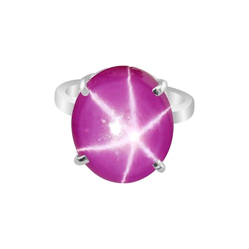 REAL-GEMS 6 Ray Pink Star Rubinring Natürlicher ovaler Cabochon-Edelstein in 925 Sterling Silber Statement Ring für Damen und Herren Mehrere Größen, 7.5, Edelstein, Sternrubin von REAL-GEMS
