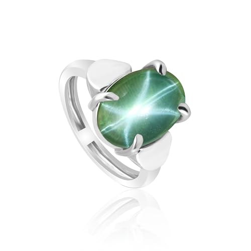 REAL-GEMS Natürlicher grüner Saphir mit 6 Strahlen Stern 925 Sterlingsilber Ring für Damen, 8.5, Edelstein, Grüner Saphir von REAL-GEMS
