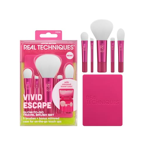 Real Techniques Vivid Escape Glow-To-Go Reise-Make-up-Pinsel, 6-teiliges Set, Mini-Größe, Make-up-Pinsel für Lidschatten, Concealer, Kontur, Rouge, inklusive Spiegel-Kosmetikkoffer, tierversuchsfrei von REAL TECHNIQUES