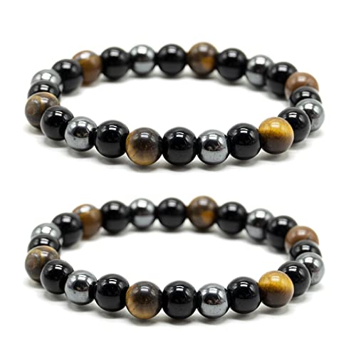 Armband Dreifacher Schutz, 2er Pack 8mm Tigerauge Armband Hämatit Perlen & Schwarzer Obsidian Balance Armband Edelsteine ??Armband zum Schutz - Bringt Glück und Wohlstand Unisex 16cm bis 18cm von REBECASKYENS