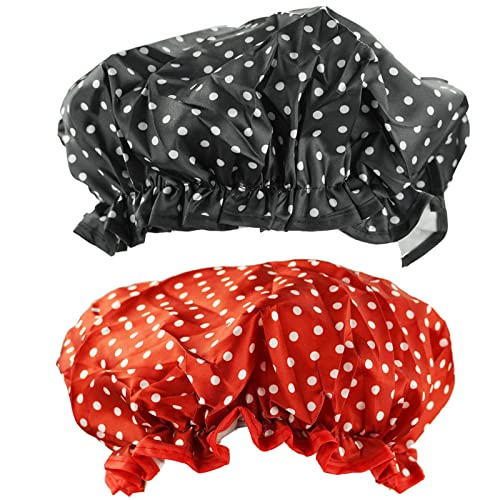 Duschhaube Damen,2 Stücke Duschkappen Wasserdichte Duschhaube Doppelschicht für Hauptgebrauch,Badezimmer,Badekurort für Frauen, Mädchen, SPA Rot + Schwarz von REBECASKYENS