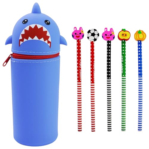 REBECCAHOWARD 2-in-1 Weiche Silikontasche,Federmäppchen - Hai Federtasche aus weichem Silikon für Stifte Federmappe und Stiftehalter, Mäppchen Tiere, Schlampermäppchen (Hai), mit 5 Buntstifte von REBECCAHOWARD