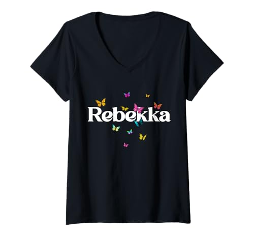 Damen Rebekka - Schöner Mädchen Name mit bunten Schmetterlingen T-Shirt mit V-Ausschnitt von REBEKKA Tochter Enkel Geburtstag Geschenkideen