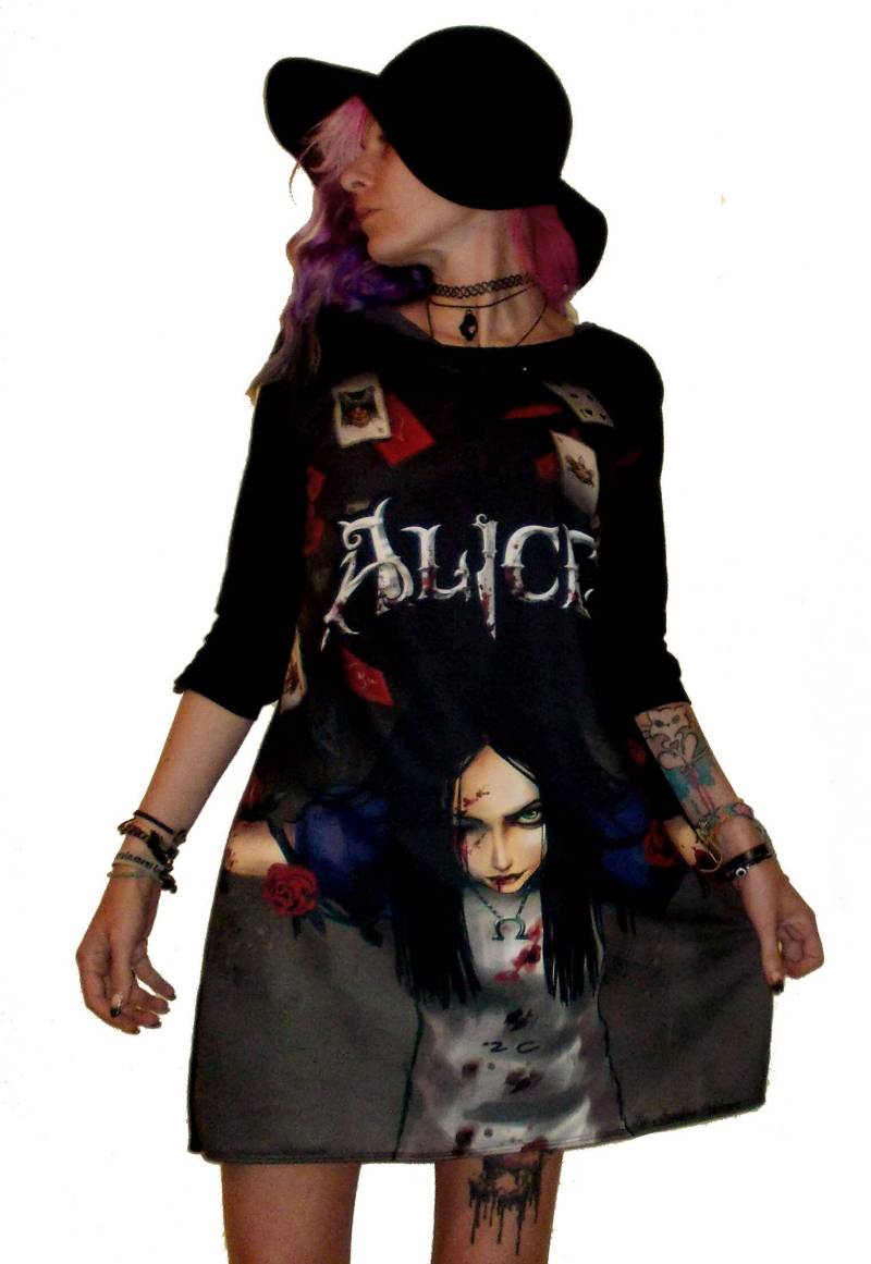 Alice Im Wunderland Schwarzes Kleid Mit Print Art Maddness A Linie Halloween von REBELLYANN