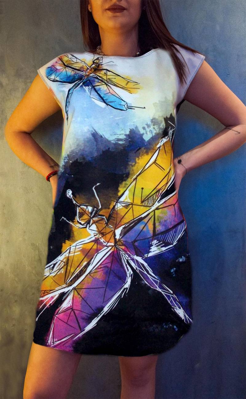 Aquarell Libelle A-Linien Kleid Regenbogen Nachthimmel Kunstdruck von REBELLYANN