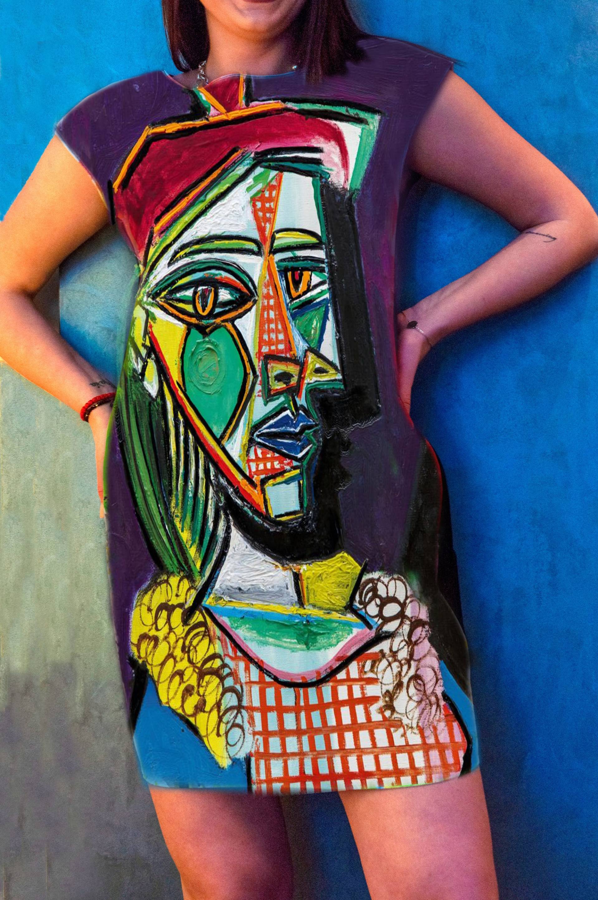 Frau Mit Baskenmütze Und Kariertem Kleid, Picasso, Moderne Kunst, Malerei, Kleid Kunstdruck, Kubismus Picasso von REBELLYANN