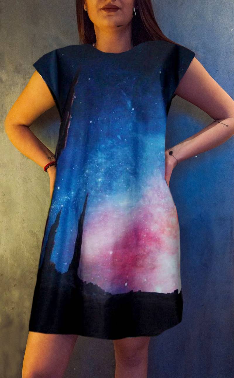 Galaxy Space Kleid Tunika Bunt Drucken Nachthimmel Sterne Blau Cosmic Frühlingskleid von REBELLYANN