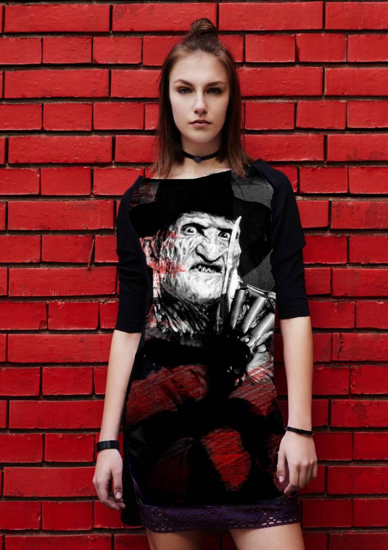 Halloween Freddy Krueger Dress Tunika Print Raglan Ärmel Schwarz von REBELLYANN