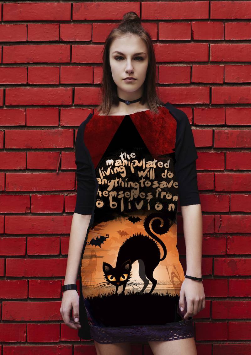 Halloween Raglan Kleid Schwarze Katze, Gruseliges Haus, Gothic Print Kostüm von REBELLYANN