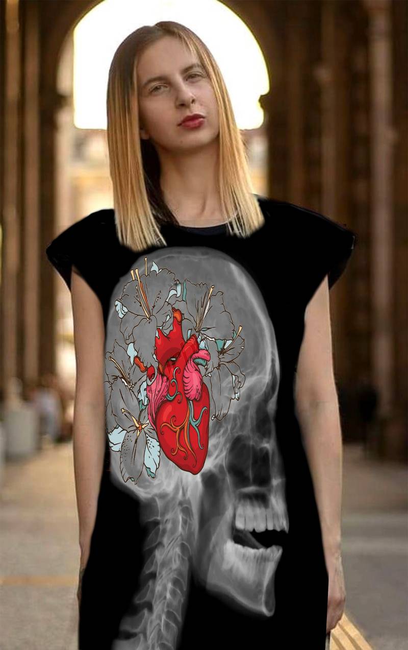 Herz Und Totenkopf Kunstdruck A-Linien-Kleid Schreckliche Halloween Tunika von REBELLYANN