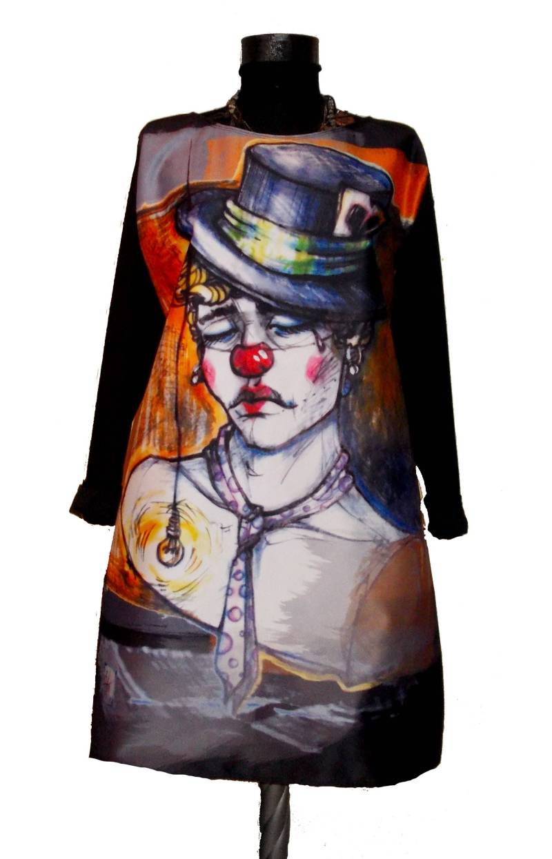 Trauriger Clown Herbstfarben, Schwarzes Kleid, Mit Original-Kunstdruck, Lange Ärmel von REBELLYANN